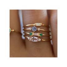 Azela Gold 4 Adet Kristal Yeşil Taşlı Tasarım Vintage Çoklu Altın Yüzük Seti