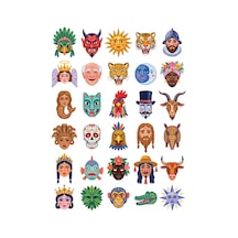 30 Adet Etnik Ahşap Maske Sticker Seti - Laptop, Kılıf, Ajanda Çok Renkli