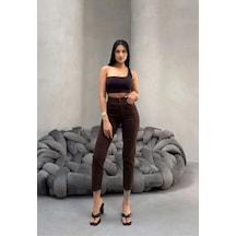 Kene Jeans Kadın Kahverengi Yüksek Bel Keten Paça Kesik Dar Paça Pantolon Kahverengi