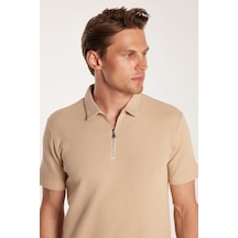 Tudors Erkek Slim Fit Dar Kesim %100 Pamuk Fermuarlı Bej Polo Yaka Tişört-33942 Bej