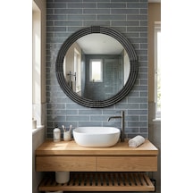 Safir Ahşap Siyah Yuvarlak Ayna Işlemeli Duvar Banyo Aynası 69 Cm