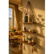 3 Katlı Dekoratif Ahşap Halatlı Duvar Rafı Kitaplık & Çiçeklik Uçan Raf 34cmx13cmx90cm Kahverengi