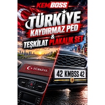 Kemboss Türkiye Kaydırmaz Torpido Pedi Ve Teşkilat Plakalık Seti - Araç İçi Kaydırmaz Ped + Universal Tekli Araba Plakalık