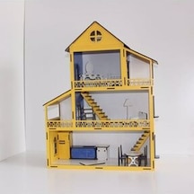 Ahşap Oyun Evi 60Cm 14 Eşya Sarı-Lacivert