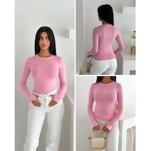 Elaxi Kadın Bisiklet Yaka Uzun Kol Parmak Geçmeli Buzy Bady Pembe