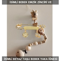 Sahi Aksesuar İsimli Bebek Emzik Zinciri ve Beyaz Taşlı Bebek Yaka İğnesi Beyaz