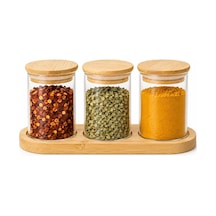 Deconox Bambu Standlı Yuvarlak 3 Lü Cam Baharatlık Seti, 3 X 190 Ml, Bambu Kapaklı Baharat Kavanozları, Üç Yuvalı Tezgah Üstü Düzenleyici Şeffaf