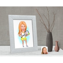 Kişiye Özel Kadın Tenis Oyuncusu Karikatürlü Dekoratif Çerçeve-2