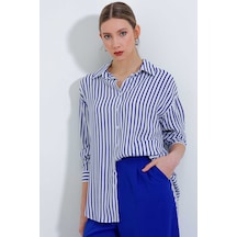 Giyim Dünyası Kadın Çizgili Oversize Gömlek Saks Mavi 001