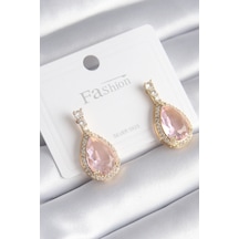 Ezoconcept Pirinç Gold Renk Zirkon Taş Detay Damla Pembe Zirkon Taş Model Kadın Küpe