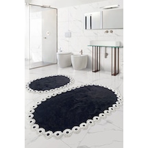 Gülruba Oval Siyah Çeyizlik Dantelli 2'li Banyo Paspası Seti Kaymaz Tabanlı Klozet Takımı
