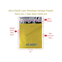 11x12 Cm Altın Renk Bantlı Lüks Metalize Hediyelik Poşet 50 Adet