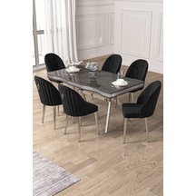 Canisa Pem Serisi 90x160 Lak Panel Antrasit İroni Krom Ayak Masa Takımı 6 Siyah Sandalye Antrasit İroni Masa Siyah Sandalye Ayaklar Krom
