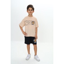 Toontoy Kids Toontoy Erkek Çocuk 2'li Takım Baskılı Bisiklet Yaka Tişört & Beli Lastikli Cepli Şort Bej