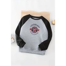 Unisex Gri-siyah Reglan Sweatshirt Legendary Baskılı, Uzun Kollu Gri Siyah