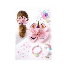 Pembe Unicorn Saç Tokası, Pullu Boynuz Detaylı, Çiçek Süslemeli, Kız Çocuk Saç Aksesuarı Diğer