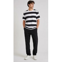 Efnaz Style Erkek Çizgili Oversize Tişört Bisiklet Yaka Kısa Kol Yazlık T-shirt - Siyah