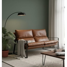 Sller Modern İkili Koltuk - Loft Tasarım Deri/kumaş Bahçe Ve Balkon Kanepesi - Metal İskeletli 130 Cm Taba
