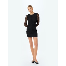 Koton Uzun Kollu Yuvarlak Yaka Slim Fit Drapeli Dantel Mini Elbise Siyah 5wak80223ek Siyah