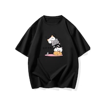 Medinenur Sevimli Kediler Baskılı Basic T-shirt Siyah