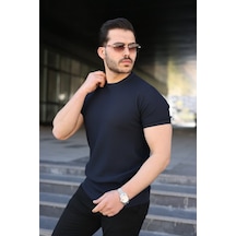 Suma Erkek Lacivert Bisiklet Yaka Petek Dokulu Kısa Kollu Triko Tişört