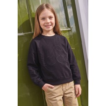 Fullamoda Kiraz Nakışlı Bisiklet Yaka Kız Çocuk Sweatshirt Siyah