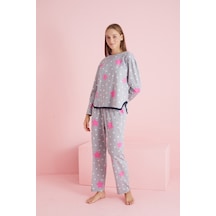 Siyah İnci Biyeli Örme Pijama Takım 7776 Gri Fuşya Yıldız