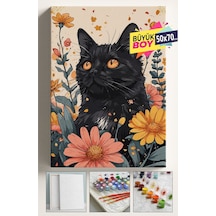 Sayılarla Boyama Seti Numaralı Tuval Fırça Boya Dahil Kasnaklı Set 50x70 Cm - Siyah Kedi Ve Çiçekler