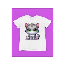 Magors Stıl-x Cute Cat Baskılı Bisiklet Yaka %100 Pamuklu Kız Çocuk Tshırt Siyah, Beyaz, Sarı Beyaz