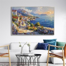 Yağlı Boya Dokulu Tablo Modern Spatula Akdeniz Evleri Manzarası Gümüş Çerçeveli U06039-179004