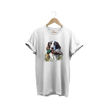 Avcılık Av Köpeği Ve Ördek Baskılı %100 Pamuk Regular Fit Bisiklet Yaka Premium Beyaz T-shirt Beyaz