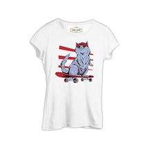 Cat Riding A Skateboard Beyaz Kadın Tshirt 001