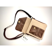 Natderi Hakiki Deri Ve Kanvas Omuz Çantası 20x21 Cm Ayarlanabilir Askılı, Ön Cepli Unisex Günlük Çanta Açık Bej - Acı Kahve