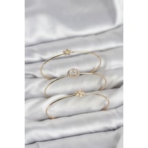 Zirkon Taşlı Gold Renk Tek Taş Model 3'lü Kadın Bileklik Kombini - Çok Renkli