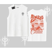 Tarzsokak Always Chillin Kedi Arka Baskılı Kolsuz Tshirt Beyaz