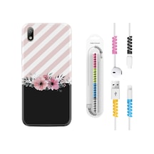 Huawei Y5 2019 Kılıf Kablo Koruyuculu Strip Pink Flowers 1396 Siyah