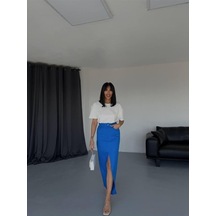 Gabardin Uzun Önden Yırtmaçlı Etek - Saks Saks