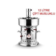 12 Litre Paslanmaz Metal Odunlu Kömürlü Çay Semaveri Büyük Çift Musluklu Odunlu Kömürlü Semaver 12 L