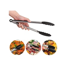 Metal Saplı, Kilit Sistemli Silikon Uçlu Maşa, Kızartma Maşası Silikon Siyah
