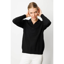 Desen Triko Kadın Polo Yaka Nakış İşlemeli Ligralı Bluz 25092 Siyah Siyah