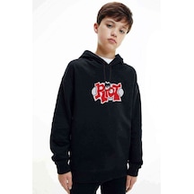 Tshirthane Riot Logobaskılı Unisex Çocuk Kapüşonlu Siyah Sweatshirt
