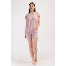 Yake Store Kadın Lyc Vıscon V Yaka Fıyonklu Kısa Kol Bıbılalı Etegı Oval Sort Takım - Rosebloom Pembe