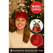 Kırmızı Payetli Noel Şapkası Çizme Figürlü, Ponpon Ve Fiyonk Detaylı Her Yaşa Uygun Parti Aksesuarı