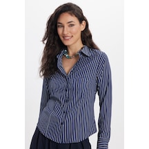 Tudors Kadın Slim Fit Dar Kesim Uzun Kollu Çizgili Lacivert Gömlek-50322