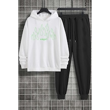 Uyguntarz Unisex Kapuşonlu Beyaz Ön Green Angel Baskılı Eşofman Takımı