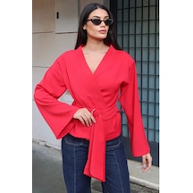 Kechi Woman Krep Kumaş Kruvaze Kemerli Kimono Bluz Kırmızı