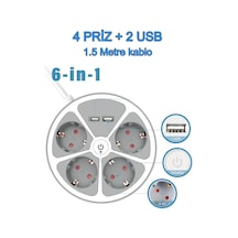 Priz 4 Bölmeli 2 Usb Grişli Yuvarlak Çoklu Grup Priz Çocuk Korumalı Anahtarlı 1.5 Metre Kablolu 1