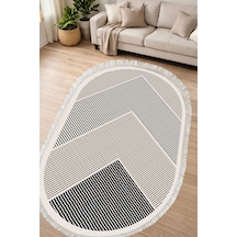 Alanur Kaymaz Yıkanabilir Dijital Baskılı Salon Halısı Yıldız Deri Saçaklı Oval Geometrik Al4048 krem