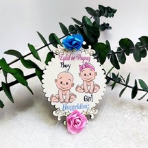 Çiçekli Ahşap İkiz Bebek Şekeri Magnet 30 Adet