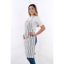 Sweet 3lü Set Ayarlanabilir Askılı Cepli Mutfak Önlüğü Seti 2 Eldiven Gri Çizgili